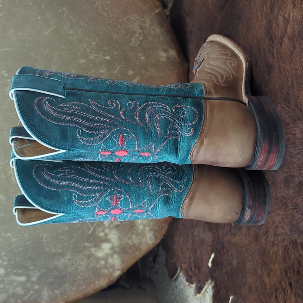 TONY LAMA ladies style#7931L "tan vintage cow cross" teal/brown cowboy boots 6.5 - Picture 7 of 16